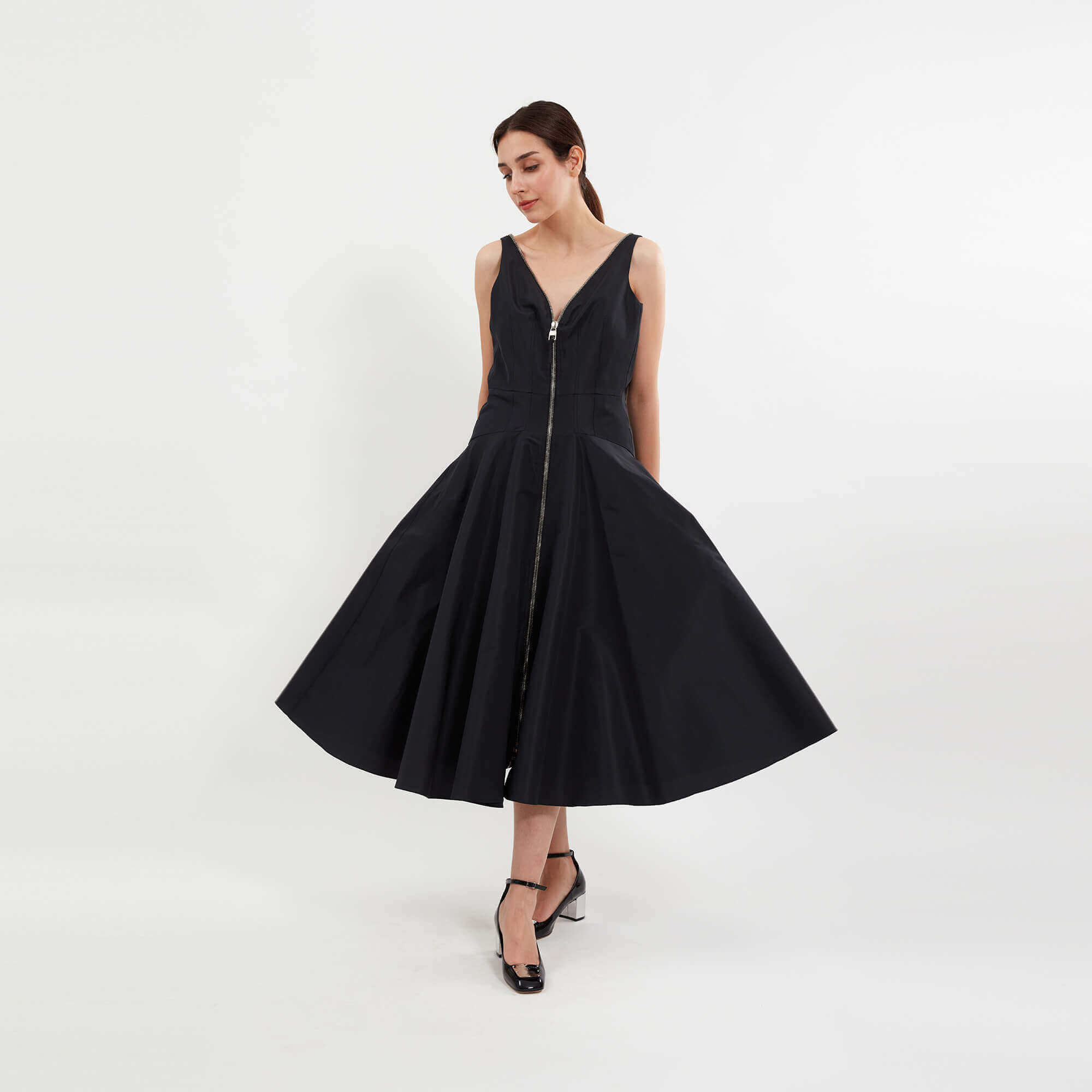 Alexander McQueen - Black Polyester Front Zip Parachute Midi Dress